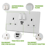 Glass Screwless - 13A Double Switched Socket with USB A + C ( PD3.0 20W ) - WHITE